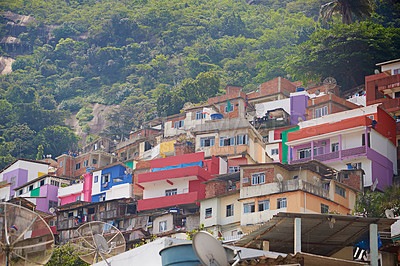 Buy stock photo Shot of slums on a mountainside in Rio de Janeiro, Brazil