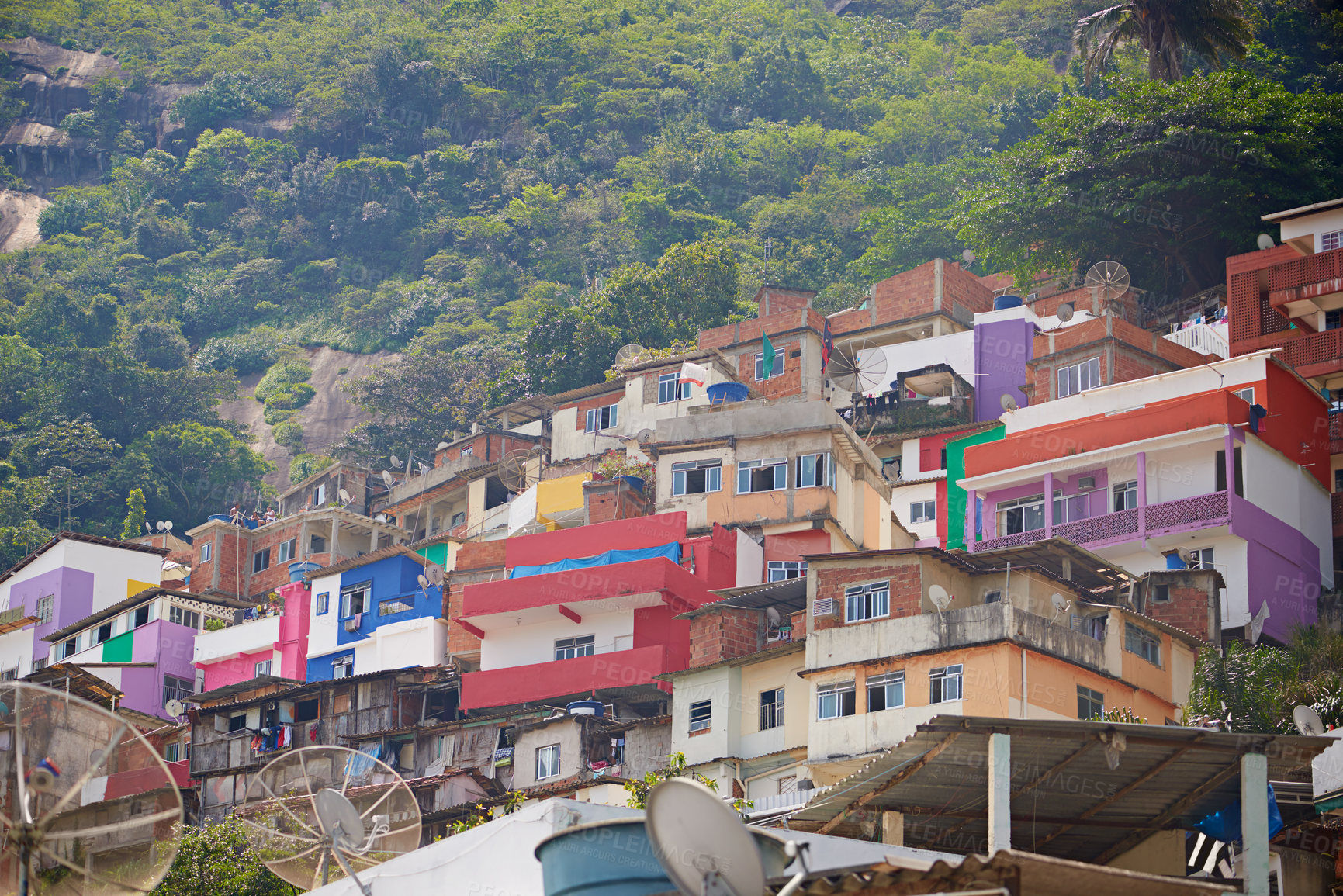 Buy stock photo Shot of slums on a mountainside in Rio de Janeiro, Brazil