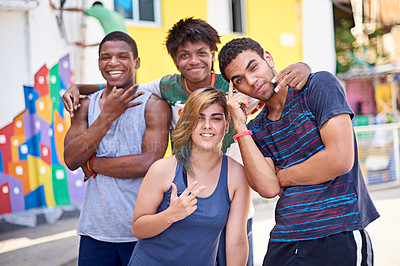 Buy stock photo Outdoor, portrait and friends with smile, together and streetwear for fashion in city of Rio de Janeiro. Summer, teenager and group with happiness, bonding and youth on road of Brazil, girl and boys