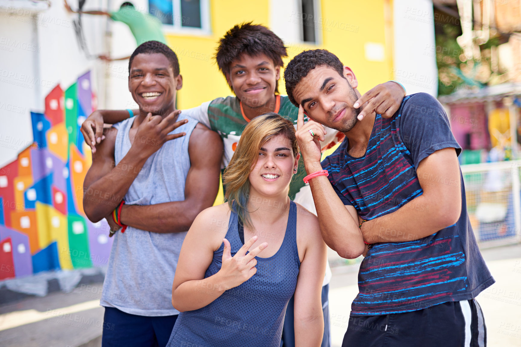 Buy stock photo Outdoor, portrait and friends with smile, together and streetwear for fashion in city of Rio de Janeiro. Summer, teenager and group with happiness, bonding and youth on road of Brazil, girl and boys