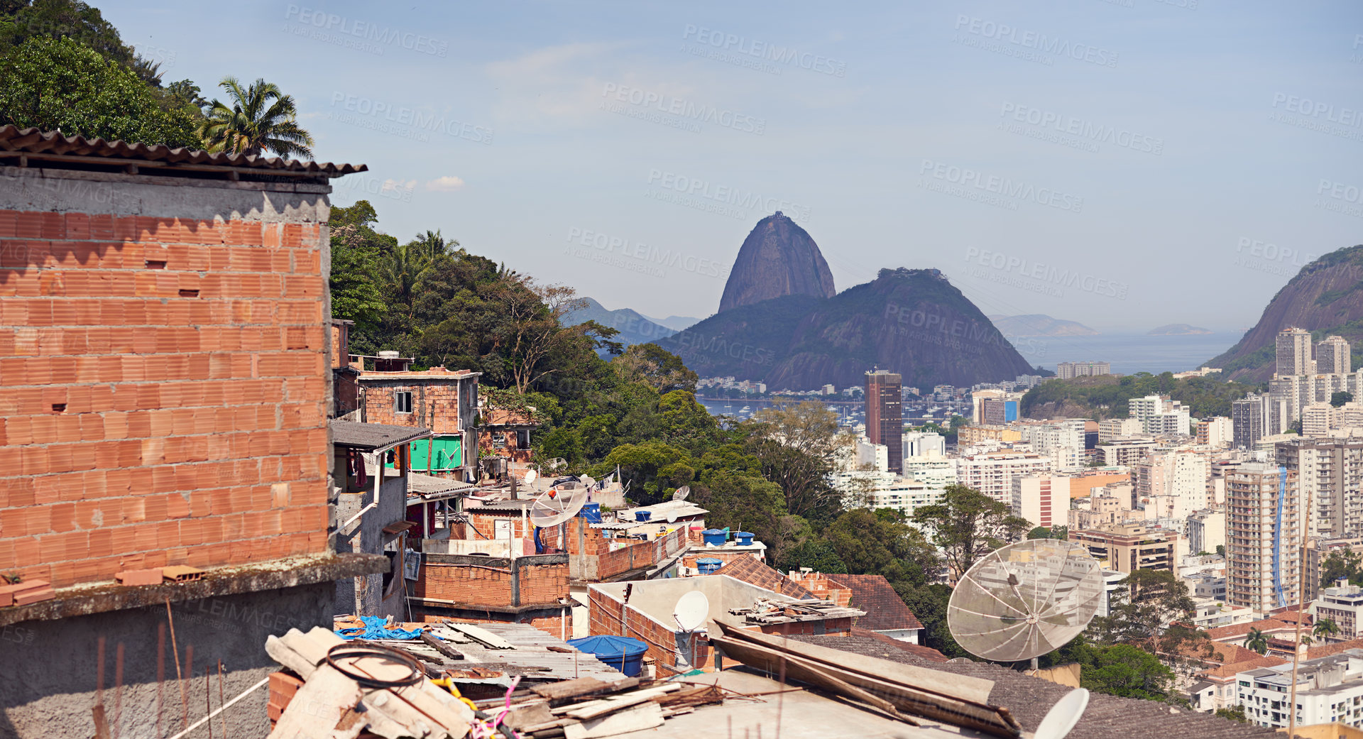 Buy stock photo House, hill and buildings by city background with poverty for location, blue sky and developing country. Poor neighborhood, outdoor and housing problem with inequality, cityscape and favela in Brazil