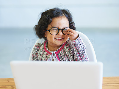 Buy stock photo Little girl, dress up and laptop play business person fun, smile or laugh in fancy clothes. Toddler, glasses or office desk funny joke, childhood joy or cosplay for genius, amusement or performance