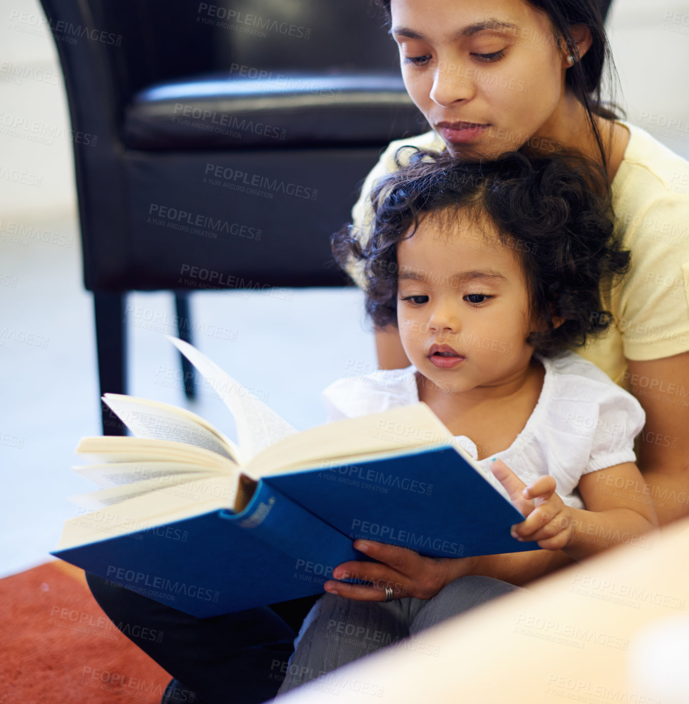 Buy stock photo Mother, child and book reading in home for storytelling, childhood development or education learning. Little girl, woman and knowledge talk or information growth, fantasy imagine or bonding together