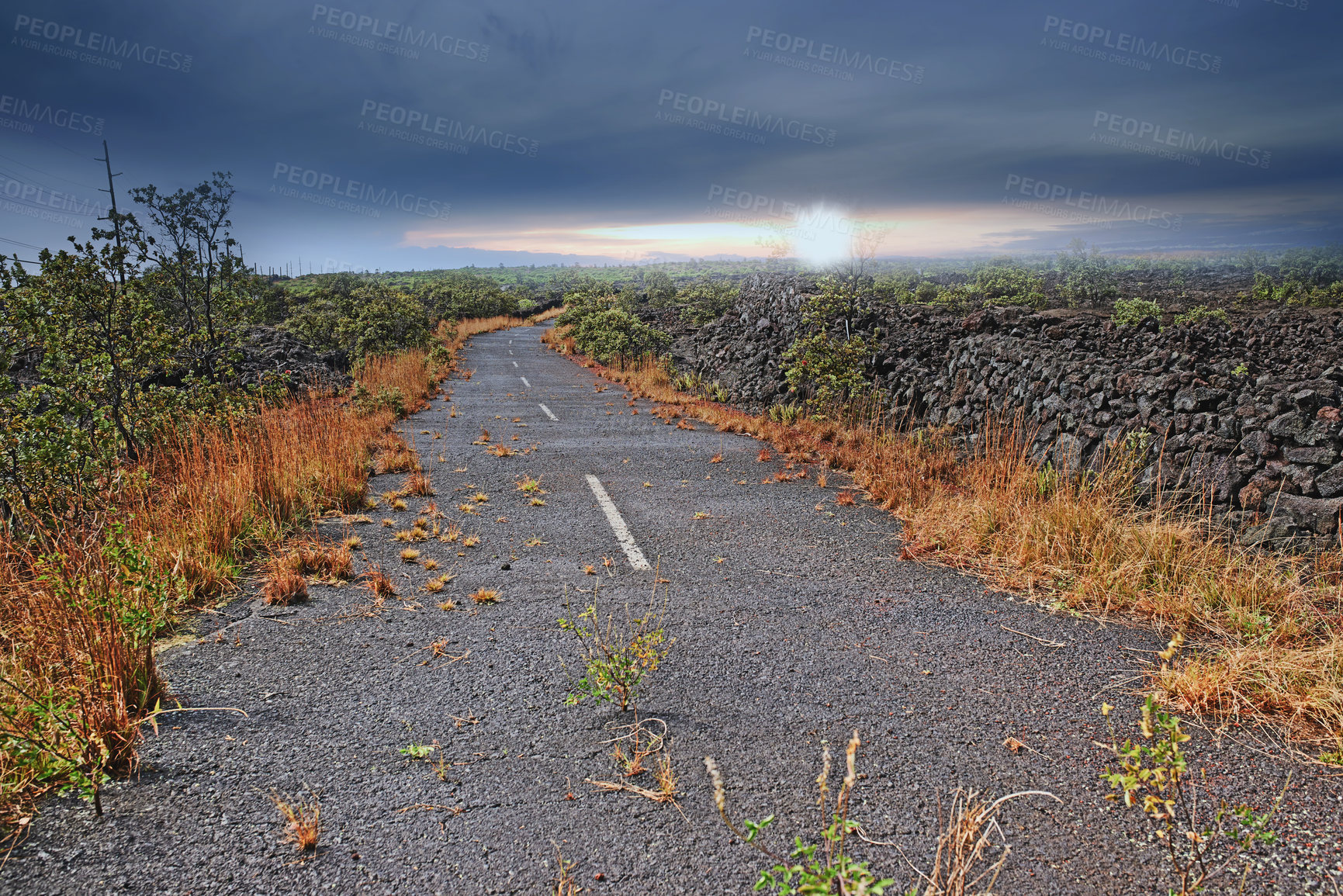 Buy stock photo Empty road through a field with burnt grass and cloudy sky with copy space. A curved countryside road or open asphalt roadway between dry land near Mauna Kea volcanic mountainside, Hawaii, Big Island