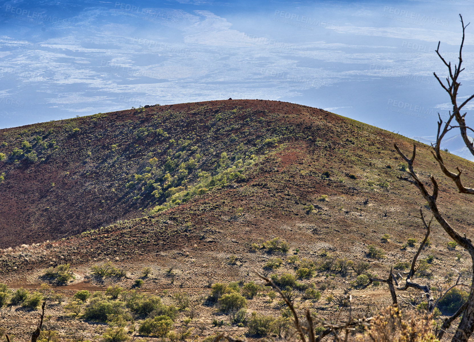 Buy stock photo The world's largest volcano Mauna Loa in Hawaii, Big Island, Hawaii, USA. The largest subaerial volcano in both mass and volume, Mauna Loa has been considered the largest volcano on Earth. A nice sunny day.