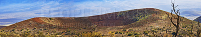 Buy stock photo Hill, banner and landscape of mountain in countryside with crater on volcano in Hawaii. Nature, horizon and travel to bush in valley environment in summer with grass, plants and clouds in blue sky