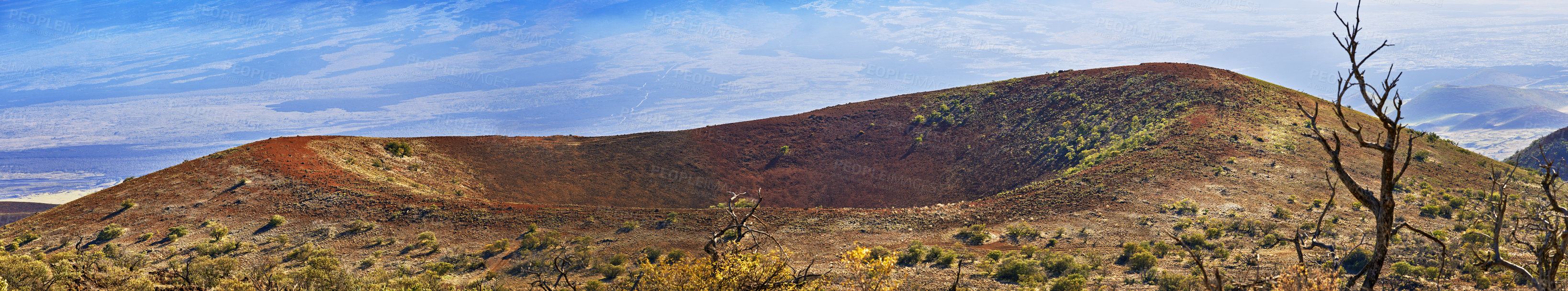 Buy stock photo Hill, banner and landscape of mountain in countryside with crater on volcano in Hawaii. Nature, horizon and travel to bush in valley environment in summer with grass, plants and clouds in blue sky