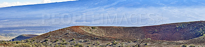 Buy stock photo Panoramic view of mountain landscape in Hawaii, USA with a background of blue sky and copyspace. Open field of nature and ecological life near the world's largest active volcano on earth 