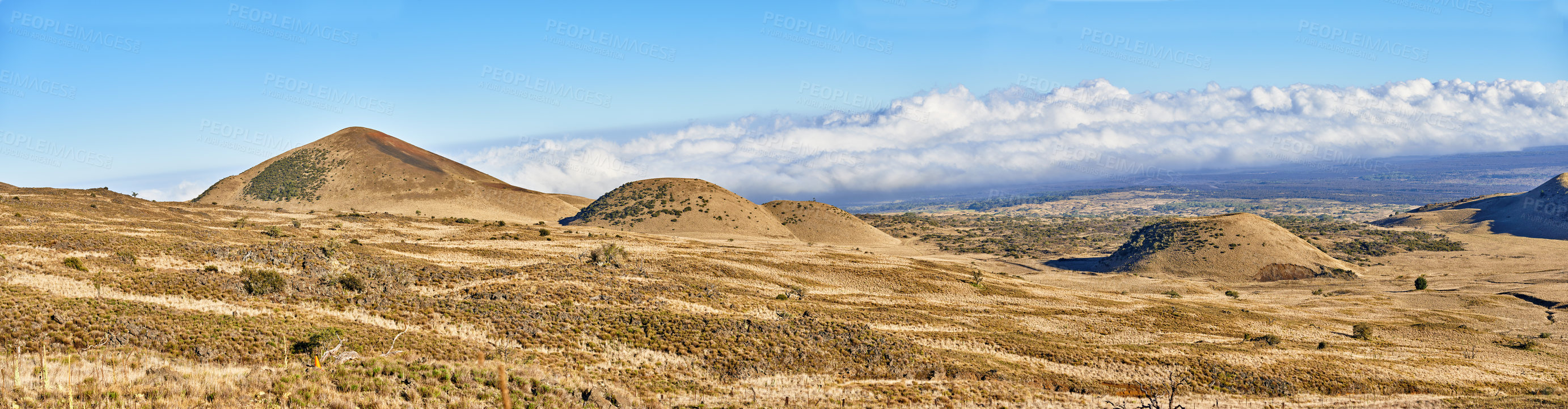Buy stock photo panoramic view of Muana Loa,the world’s largest active volcano in Big Island, Hawaii with copyspace. Sunny day with view of The Hawaiian shield volcanoes, Earth's biggest mountains and copy space