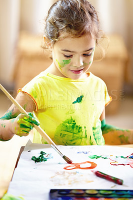 Buy stock photo Daycare, painting and brush for girl, paper and creativity, growth and development of child with mess. Childcare, learning and table for artwork, color and smile of kid, happy and young painter