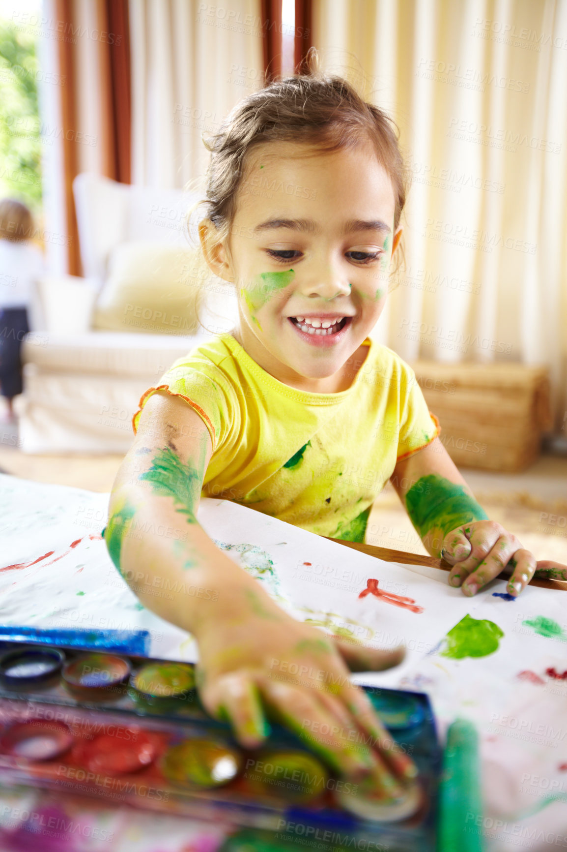 Buy stock photo Painting, happy and girl kid with messy, assignment or project for school at home. Colorful, creative and young student creating art on paper for hobby, child development or activity at house.