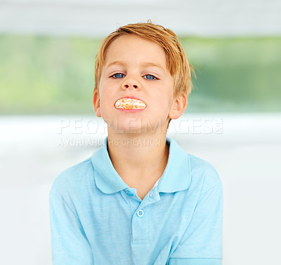 Buy stock photo Child, portrait and orange slice fruit or health wellness snack, vitamin c or raw food youth development. Boy, kid and face fresh diet or organic citrus nutrition, fibre breakfast or morning minerals