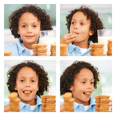 Buy stock photo Boy, milk glass and cookies eat composite for dessert snack, lunch candy or kid joy. Male, child and face or dairy biscuit sweets collage for happy youth or cold calcium drink, fresh or yummy smile