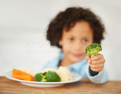 Buy stock photo Boy, broccoli and vegetables plate unhappy for healthy nutrition meal, diner fail or frustrated eating. Male, kid and disappointed upset lunch or fibre diet dislike child, cauliflower snack or carrot
