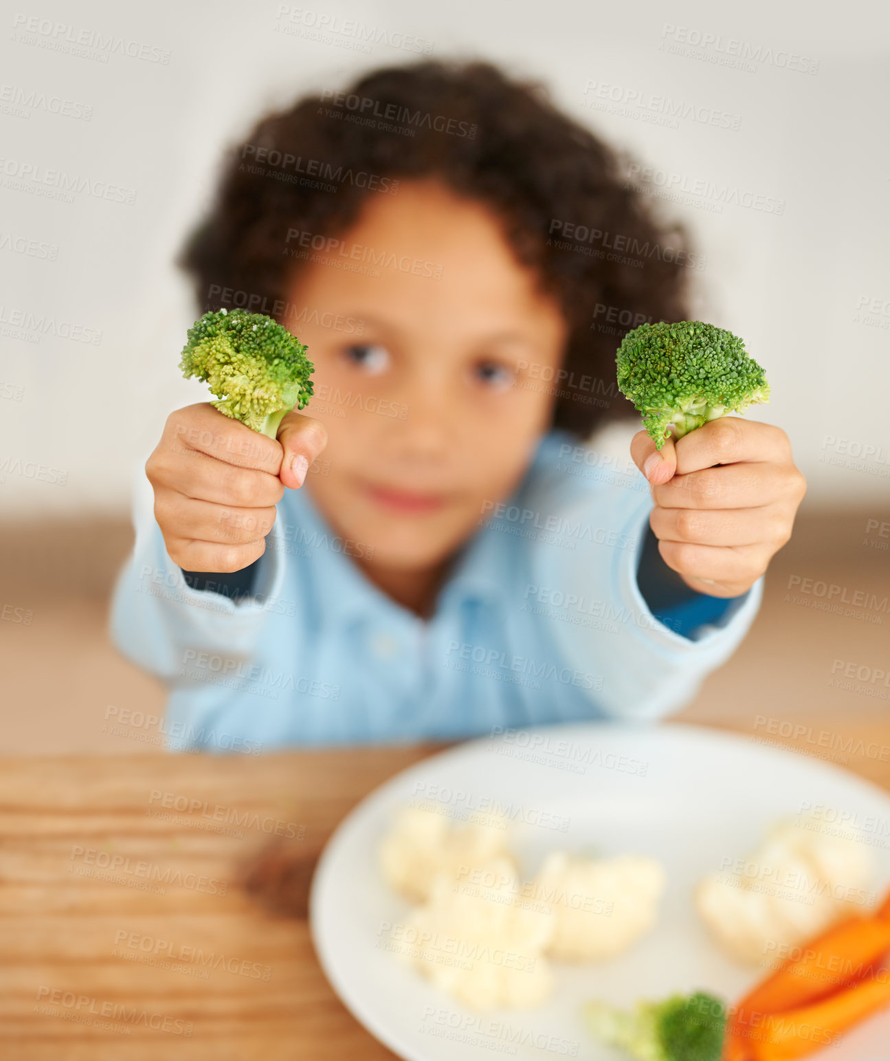Buy stock photo Boy, broccoli and vegetables plate for healthy nutrition meal, diner wellness or food eating. Male person, kid or childhood development snack carrot or cauliflower vegetarian diet, fibre or minerals