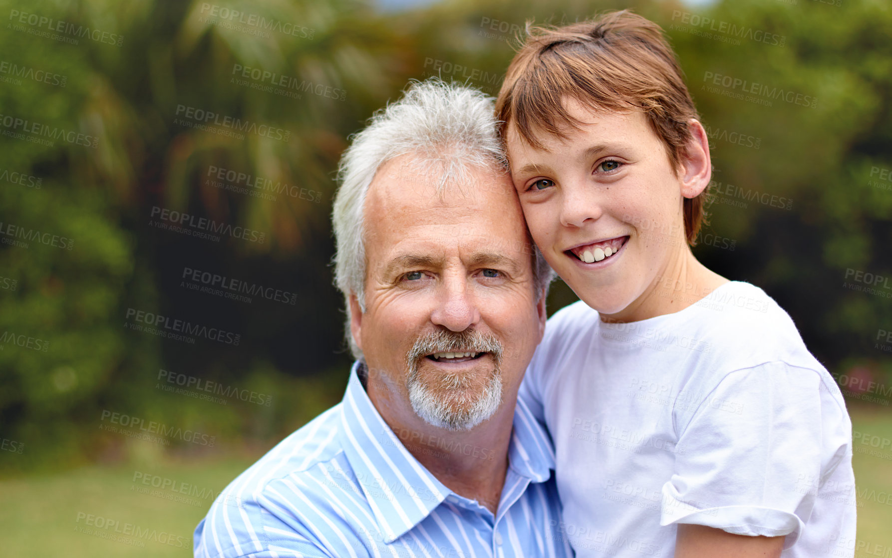 Buy stock photo Family, portrait and man or boy with smile for bonding, love and care in backyard, park or nature. Senior, person and child together with embrace, relationship or happiness at home, apartment or joy