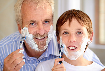 Buy stock photo Father, son and portrait with cream and razor for grooming, development and learning in bathroom. Happy family, face of man and child with foam or shaving for hygiene, home or parenting with love