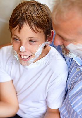 Buy stock photo Father, boy and face with shaving cream and smile for grooming for development and learning at home. Happy family, man and child with foam or aftershave for hygiene, lifestyle or parenting with love