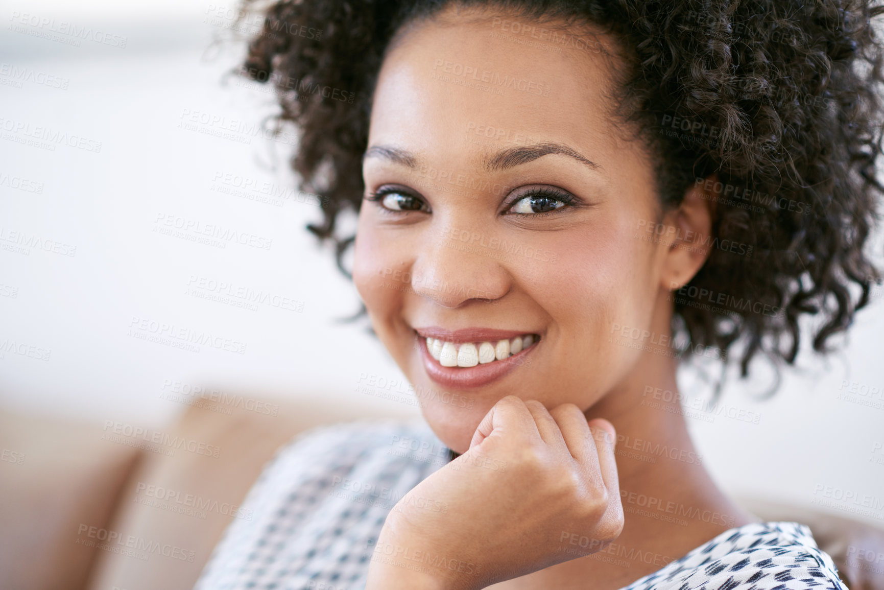 Buy stock photo Face, woman and happy in home on sofa on break to relax, fun and day off for mental health. Female person, portrait and smile with unwinding, recharge and self care for wellness and wellbeing