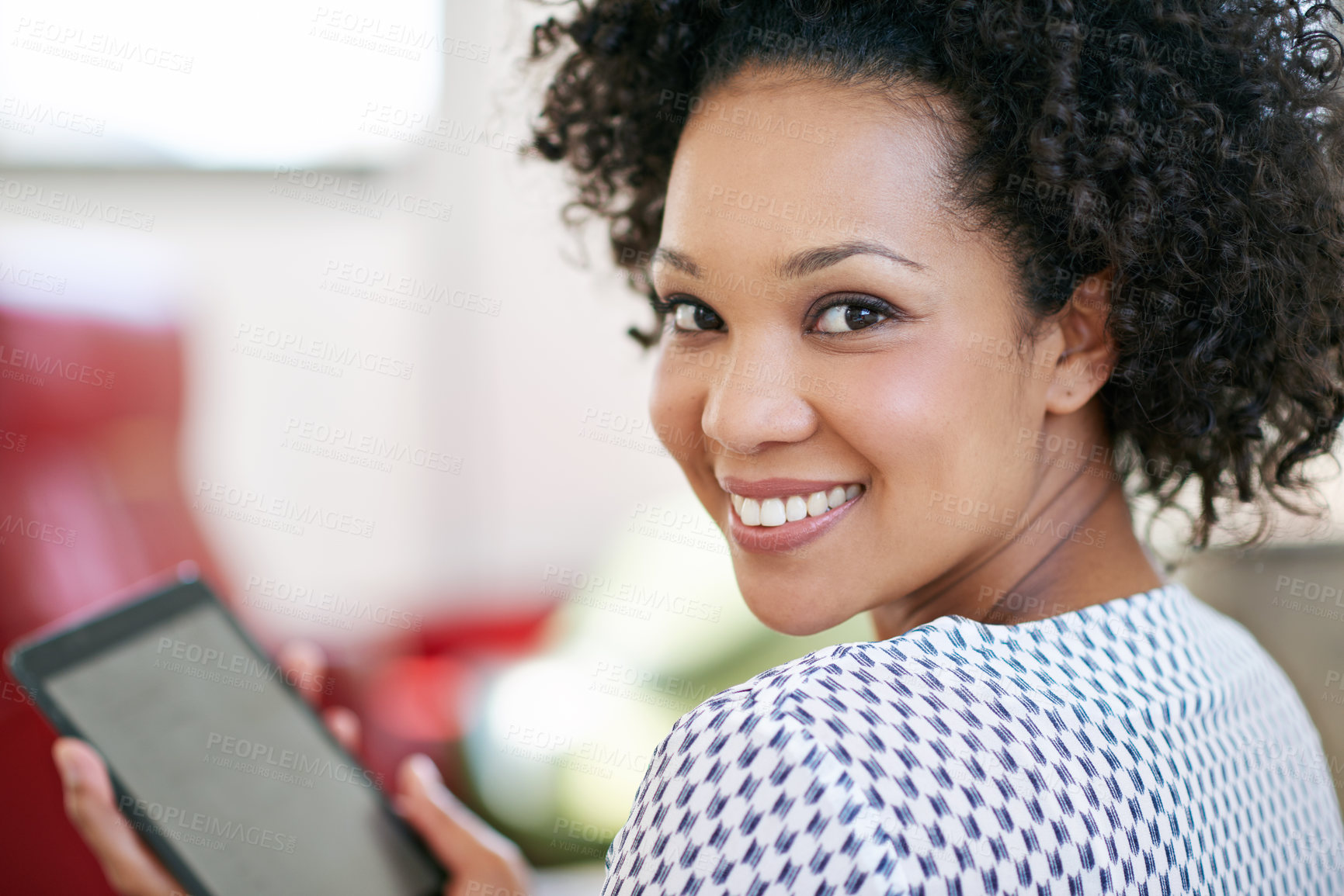 Buy stock photo African woman, home and tablet in portrait for communication, scroll or online dating. Female person, happiness and tech with application, mock up and connection for contact, conversation or chat
