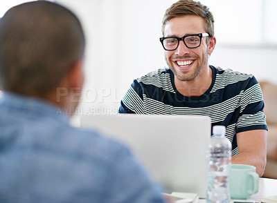 Buy stock photo Cropped shot of coworkers talking in a meeting