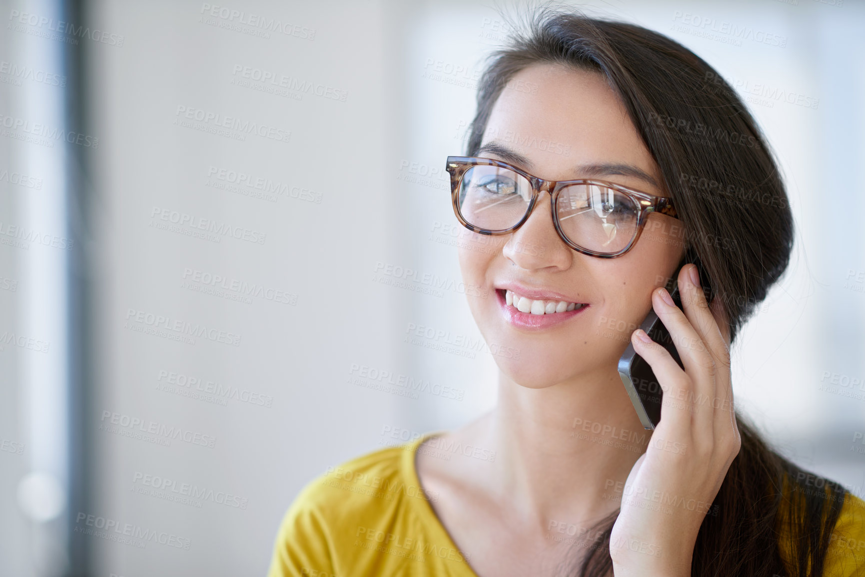 Buy stock photo Phone call, woman and portrait in office for startup, communication and customer service for business. Female designer, talking and smartphone for conversation for discussion, networking and crm