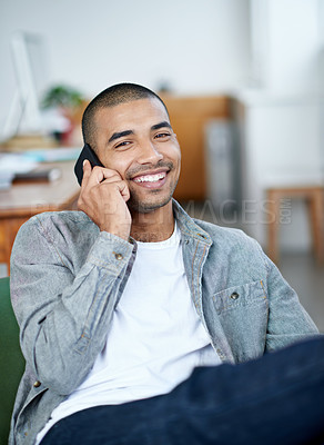 Buy stock photo Portrait, man and smile in office or phone call for discussion, client communication and networking for agency. Male employee, cellphone and conversation for connection, business and speaking on work