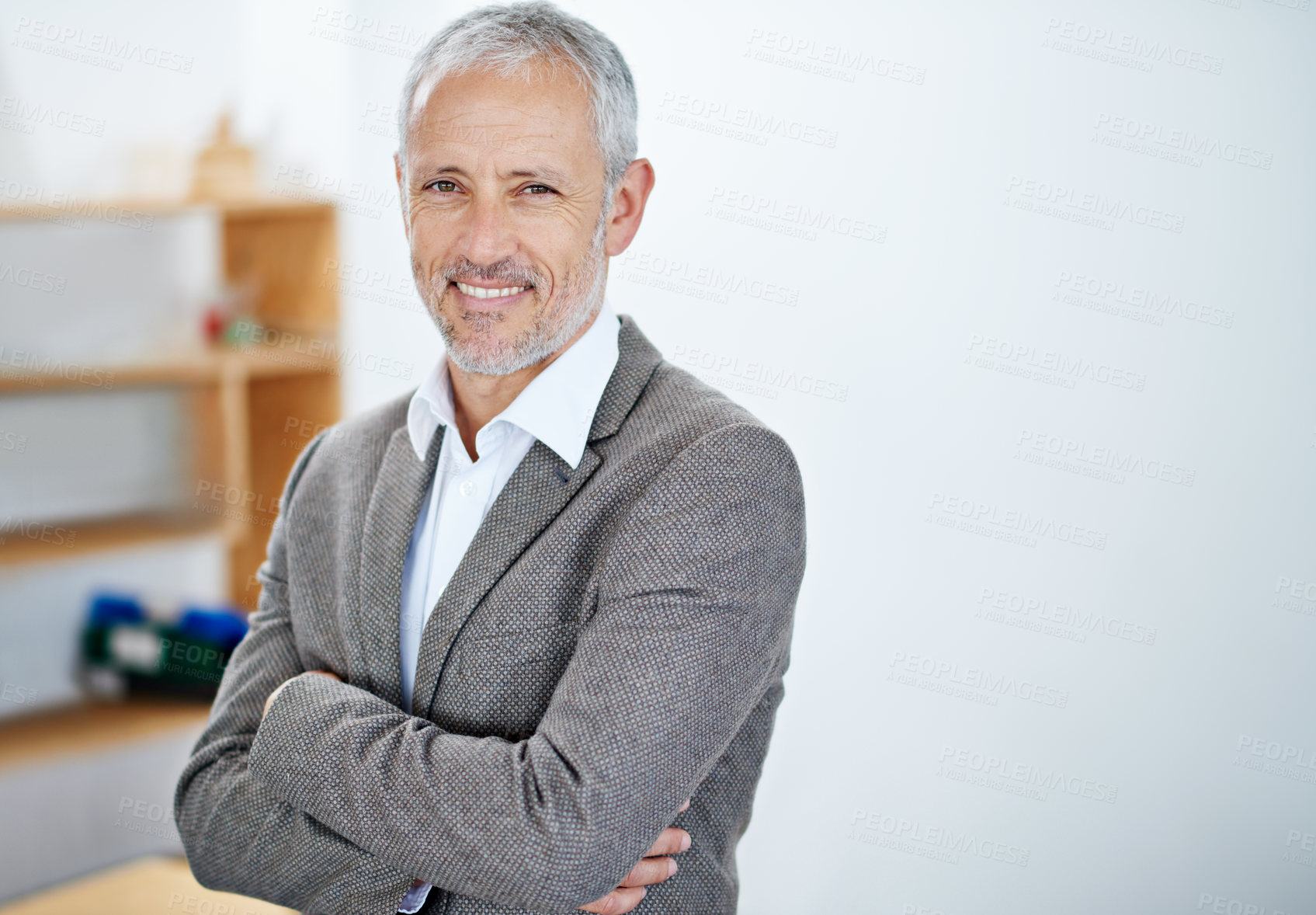 Buy stock photo Portrait, business and mature man with arms crossed, smile and confidence with career ambition. Face, senior person or employee with pride, attorney or happiness in modern office, lawyer or legal aid