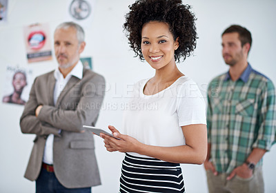 Buy stock photo Tablet, smile and portrait of business woman in office with mentor for creative journalism internship. Happy, digital technology and female copywriter with manager for project feedback in workplace.