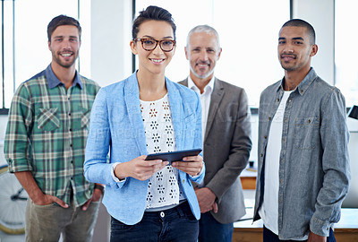 Buy stock photo Portrait of a group of colleagues standing in an office