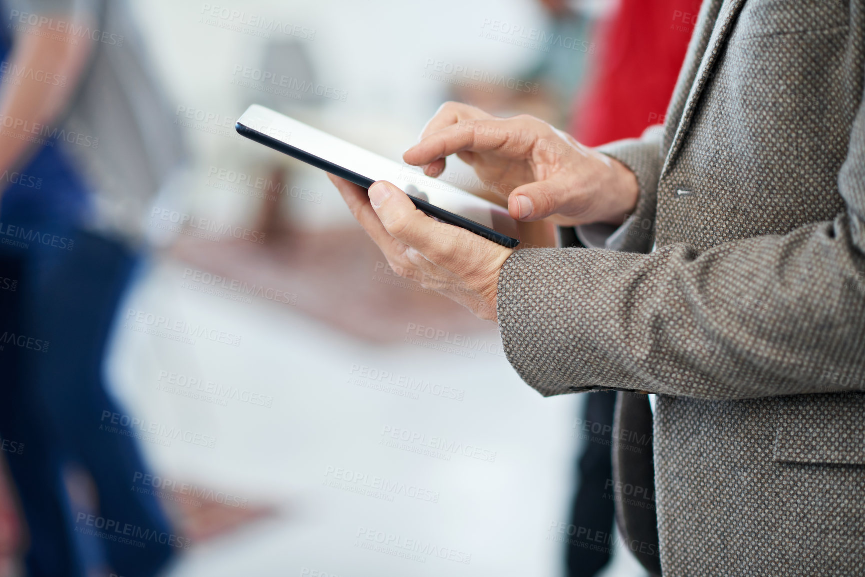 Buy stock photo Businessman, hands and tablet in office for research, social media update and internet scroll. Male employee, connection and digital tech in palm with check website reviews, communication or text app