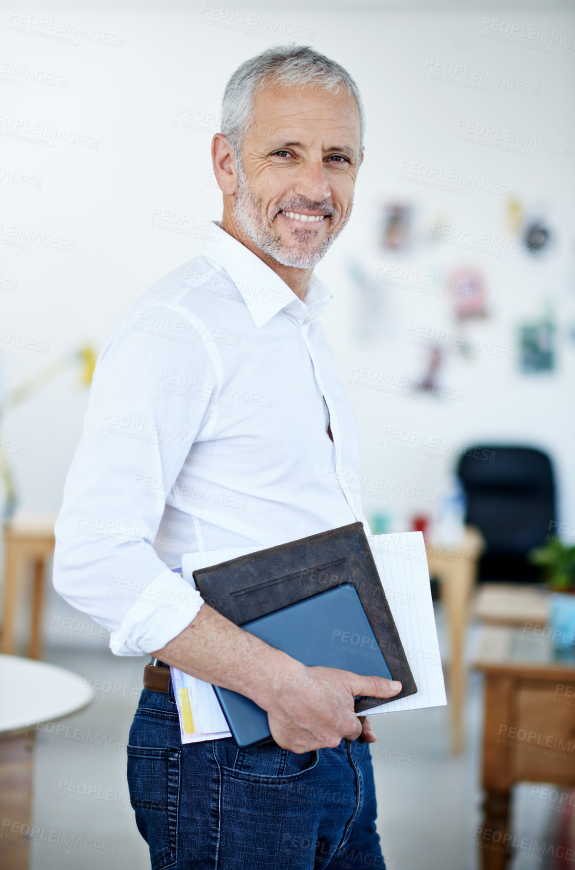 Buy stock photo Mature, businessman and portrait with paperwork in office for investment, planning and smile. Ceo or project manager, happy and diary or notebook for finance research and company schedule in agency