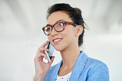 Buy stock photo Woman, business and speak on phone call in office, happy and client negotiation or feedback for creative agency. Conversation, professional and connection for networking, smartphone and listen