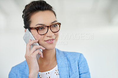 Buy stock photo Woman, business and speaking or phone call in agency, happy and client negotiation or feedback for creative office. Conversation, professional connection and social networking, smartphone and app