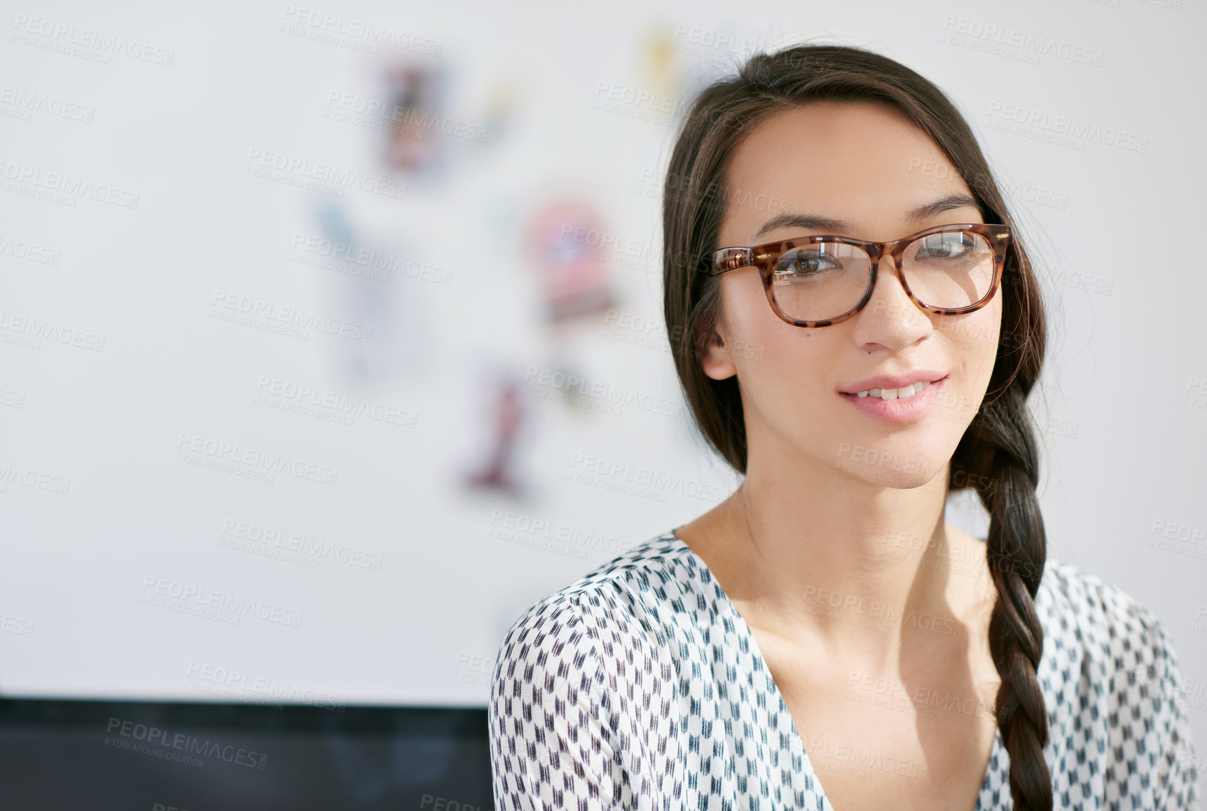 Buy stock photo Portrait, glasses and journalism with a business woman in the office for editing or reporting. Face, eyewear and creative with a young female journalist or designer at work on a blurred background