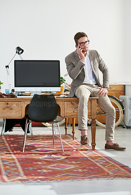 Buy stock photo Serious, business and man with phone in office for communication, information and computer screen or feedback of project. Male person, mockup and talking on mobile, contact and chat for networking