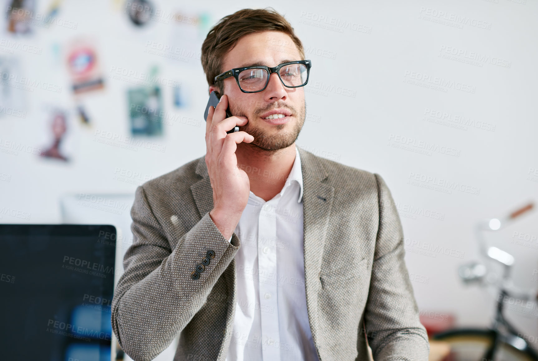 Buy stock photo Phone call, thinking and man in office for creativity, magazine editing and communication or chat. Male person, graphic designer and smartphone in workplace for discussion, networking and success