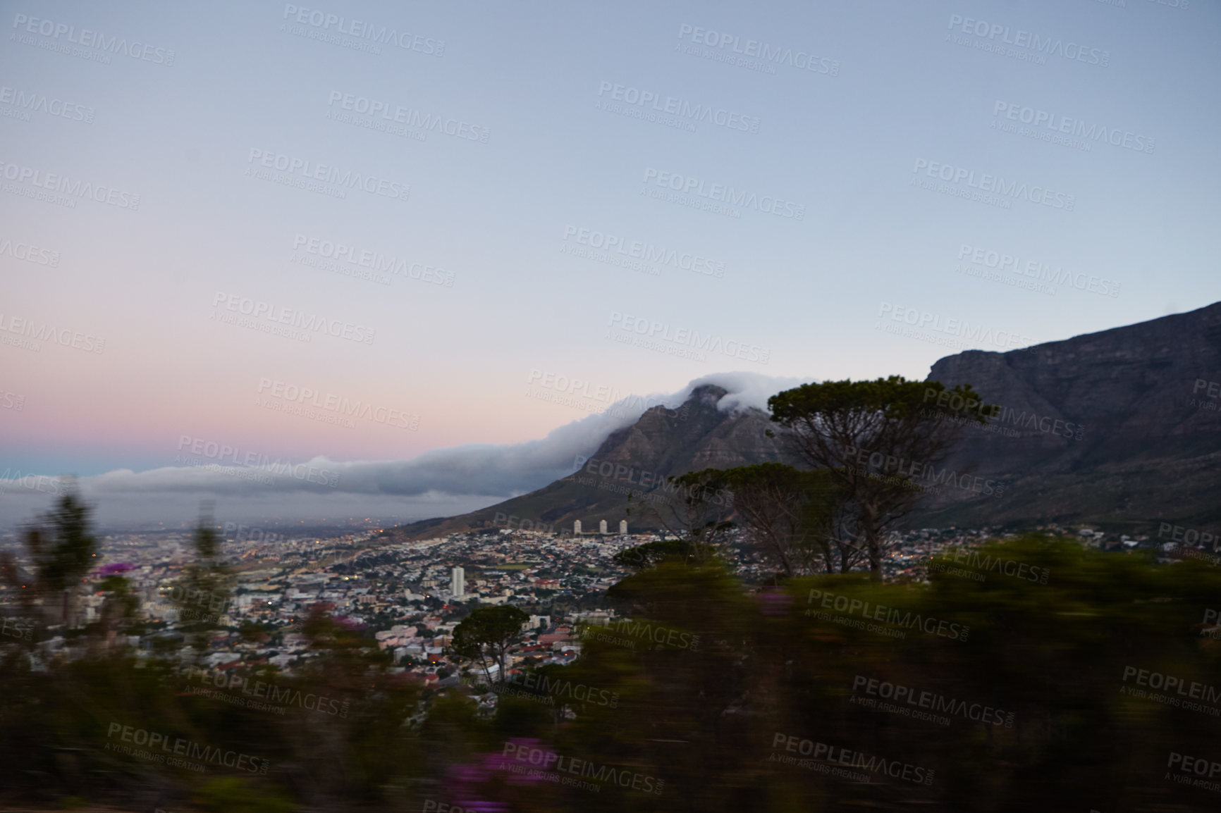 Buy stock photo A high up view of the city of Cape Town, South Africa on a cloudy day