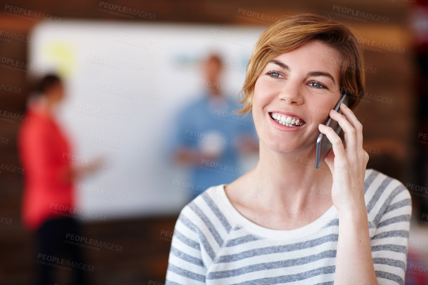 Buy stock photo Woman, phone call and smile for talk at startup for contact with feedback, listen or deal in office. Person, happy and smartphone for networking, consulting or excited for proposal at creative agency