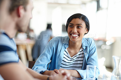 Buy stock photo Happy team, creative and business woman in discussion, meeting and internship in design startup. Collaboration, smile and manager brainstorming ideas for event planning,  training and progress update