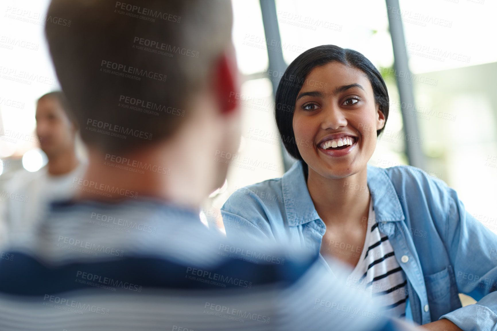 Buy stock photo Happy team, creative and business woman talk, meeting and laugh at funny joke in design startup. Collaboration, smile and manager brainstorming ideas for event planning,  training and progress update