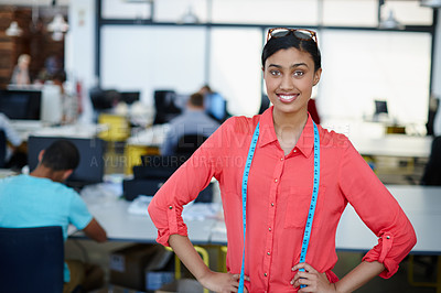 Buy stock photo Portrait of a confident female designer with measuring tape around her neck