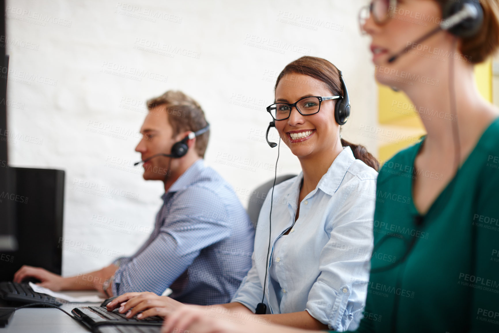 Buy stock photo Virtual assistant, portrait or happy woman on computer in call center for consulting, online help or loan advice. Coworking, consultant or agent with smile for telemarketing or sales communication