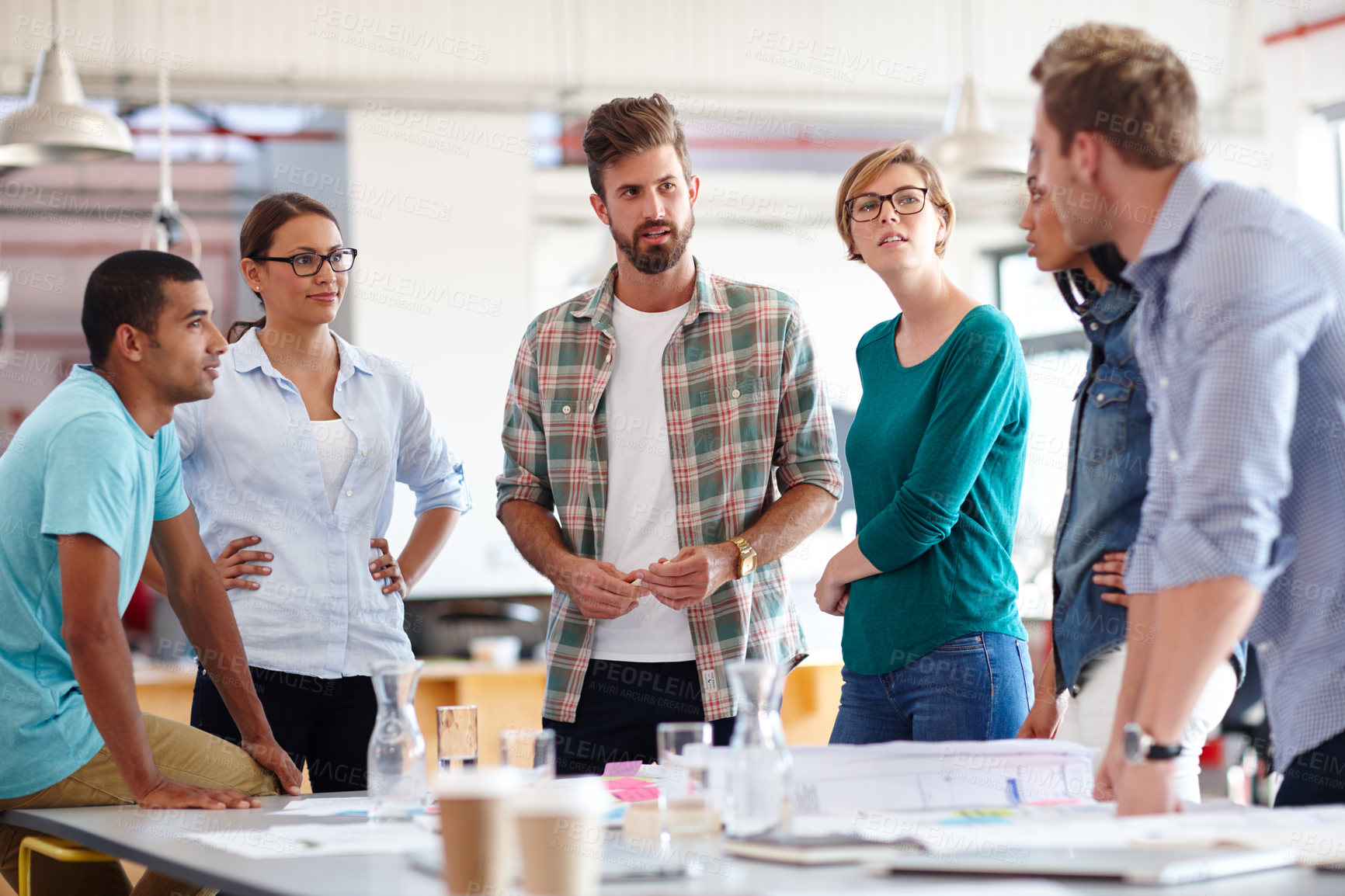 Buy stock photo Creativity, designers or people in meeting for talking, development or discussion for teamwork. Advice, paperwork or group of colleagues in collaboration for planning, ideas or support in business