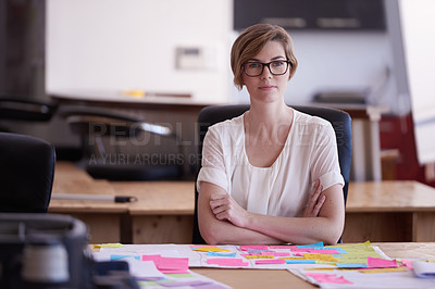 Buy stock photo Woman, arms crossed and portrait with notes at startup for planning, confidence and pride in modern office. Person, writer and documents for mind map, process and review at creative agency in Spain