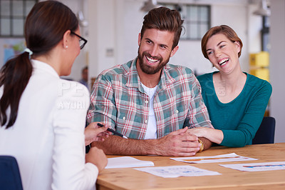 Buy stock photo Couple, woman and meeting with financial advisor, documents or charts with review for investment in office. People, paperwork and graph with smile for profit, growth and wealth planning for income