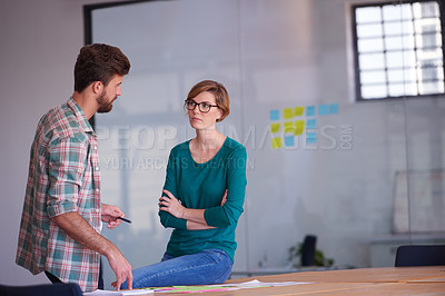 Buy stock photo Man, woman and creative meeting with discussion, partnership or project collaboration in office. Notes, proposal and business people with research idea, teamwork or planning together at design agency