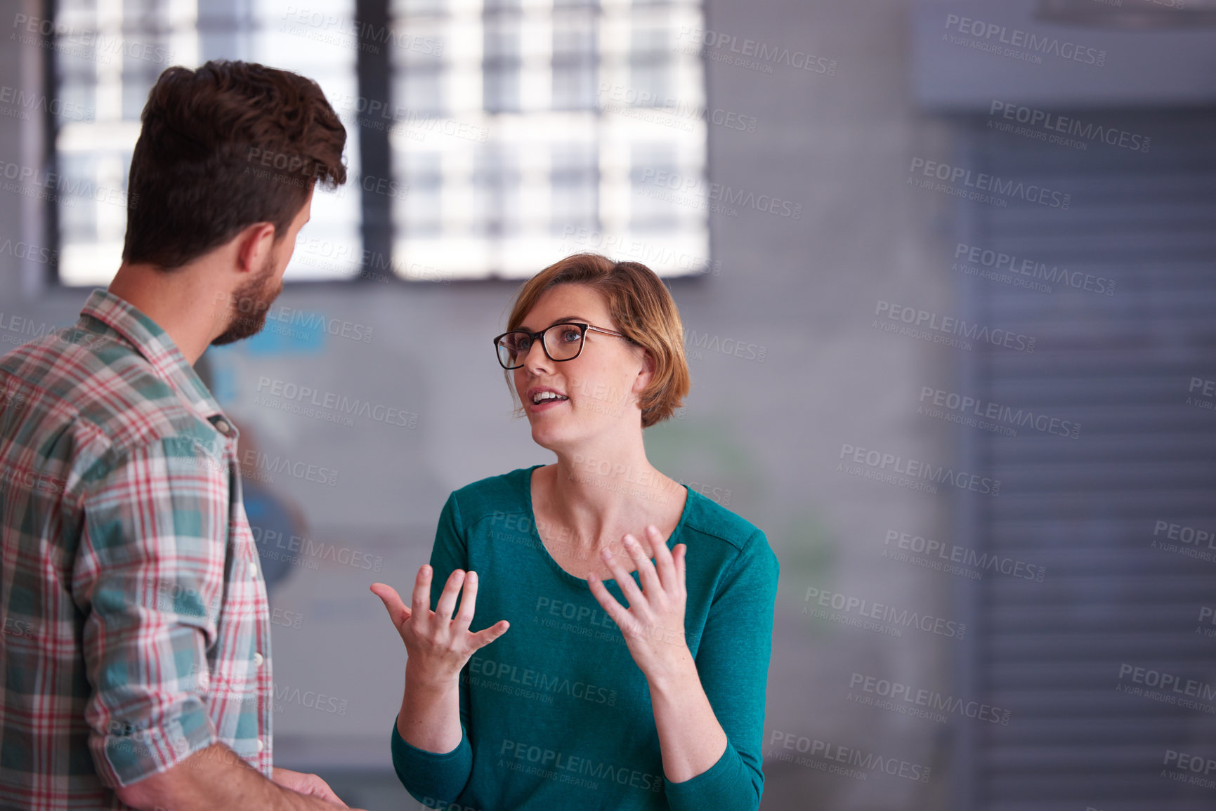 Buy stock photo Man, woman and creative discussion in office for meeting, partnership or project collaboration. Workshop, proposal and business people with idea pitch, teamwork or planning together at design agency