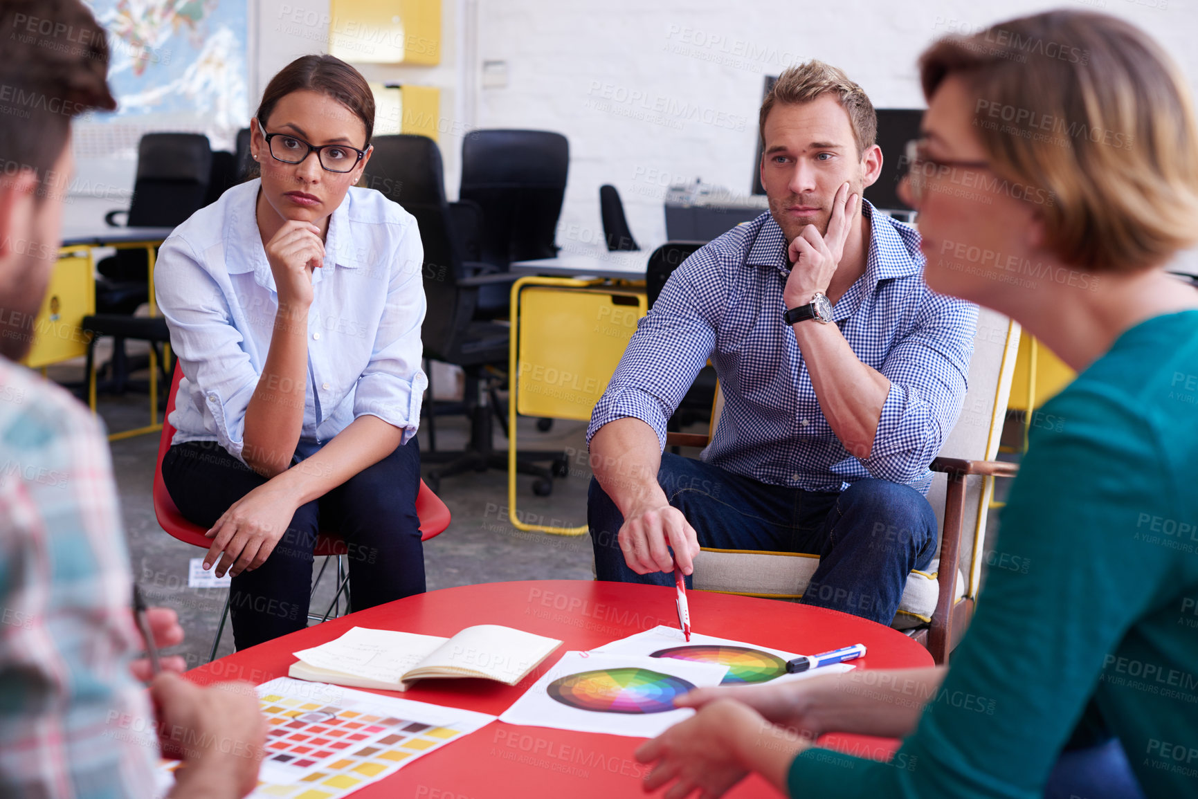 Buy stock photo People, color palette and group in office with meeting, discussion and planning with project at company. Teamwork, listen and brainstorming with interior design, notebook or huddle at creative agency