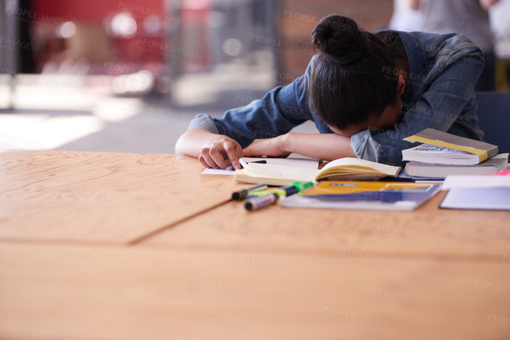 Buy stock photo Tired girl, student or sleeping with books on desk for stress, depression or studying in fatigue at university. Exhausted, female person or asleep with academic anxiety, notebooks or burnout on table